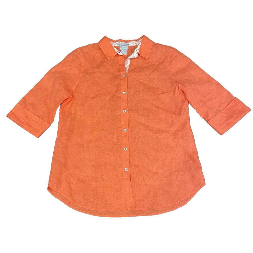 Chicos No Iron Linen Shirt Orange 3/4 Sleeve Button Up Small 0 US 4